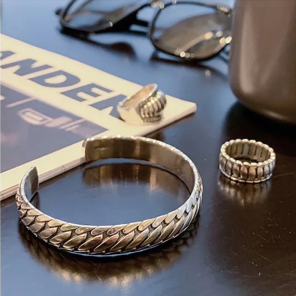 Sterling Silver Chain Design Engraved Cuff Bangle Bracelet - Picture 4 of 9
